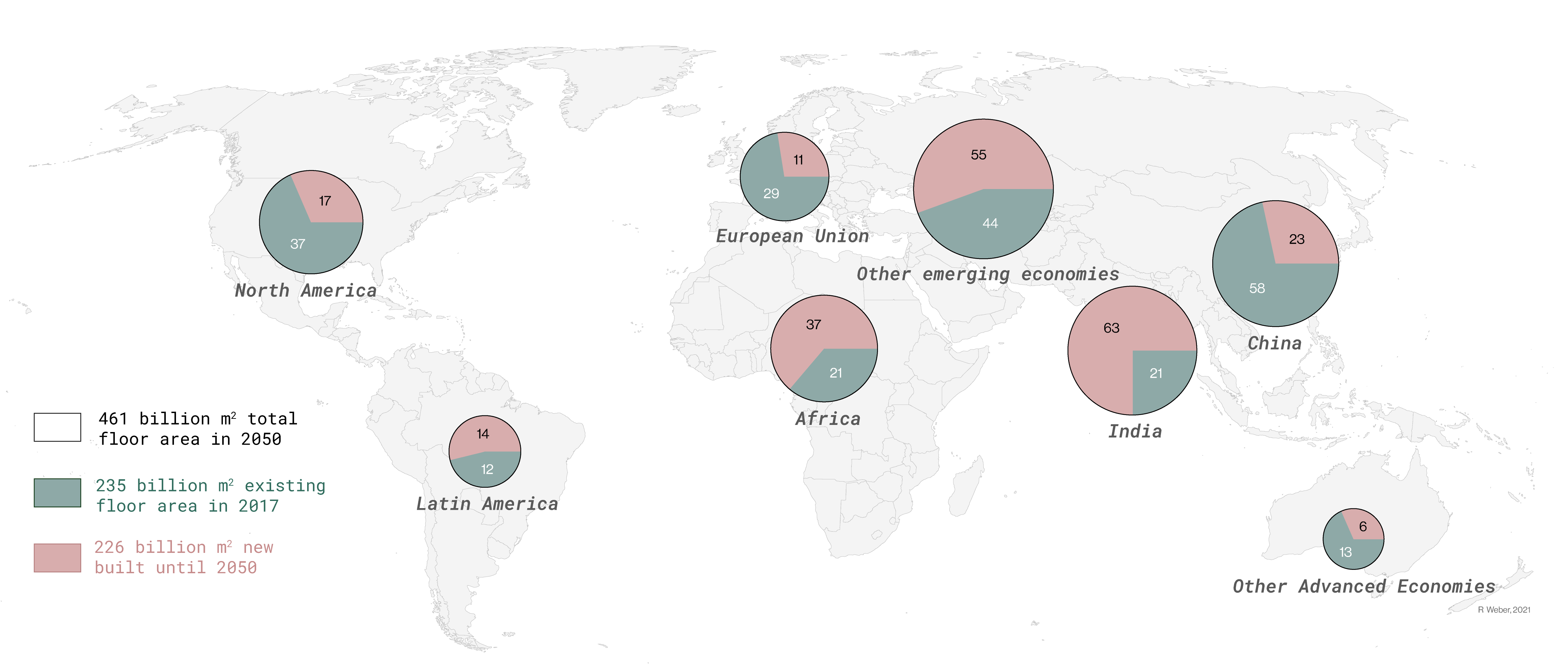 Projected global building area in 2050. Figure data source (Wörsdörfer et al. 2019)